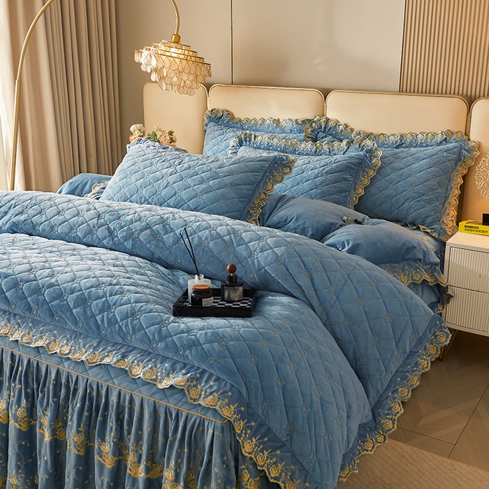 91家纺网 家纺一手货源 找家纺 罗艺轩 2024新款加厚宝宝绒夹棉床裙四件套-梦幻星辰 绅士蓝