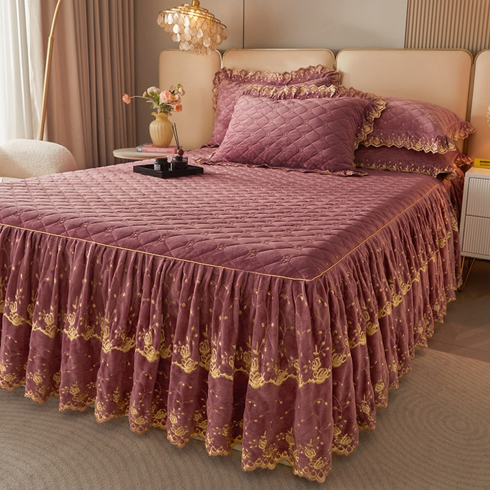 91家纺网 家纺一手货源 找家纺 罗艺轩 2024新款加厚宝宝绒夹棉床裙三件套-梦幻星辰 豆沙粉