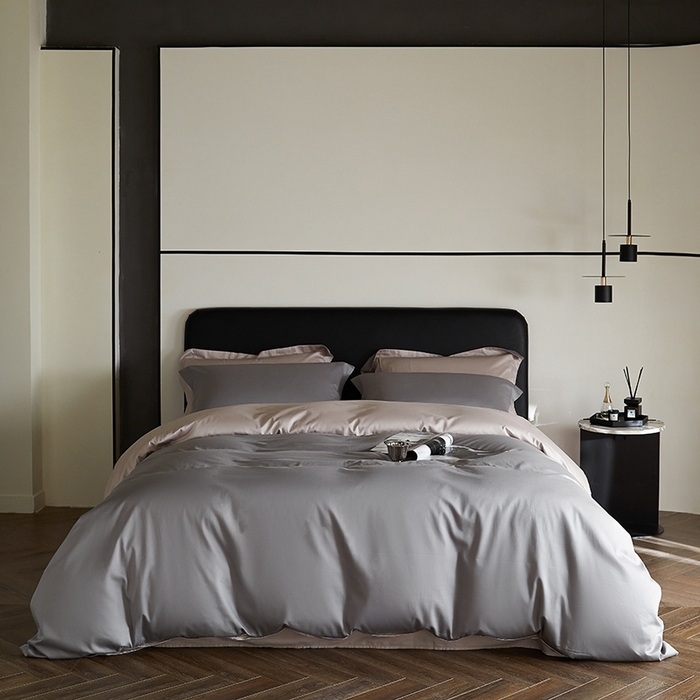 91家纺网 家纺一手货源 找家纺 秀色家纺 2025新款50支贡缎A类轻奢纯色长绒棉四件套全棉纯棉被套高级感床单三件套-雅克 雅克-典雅灰+粉末白