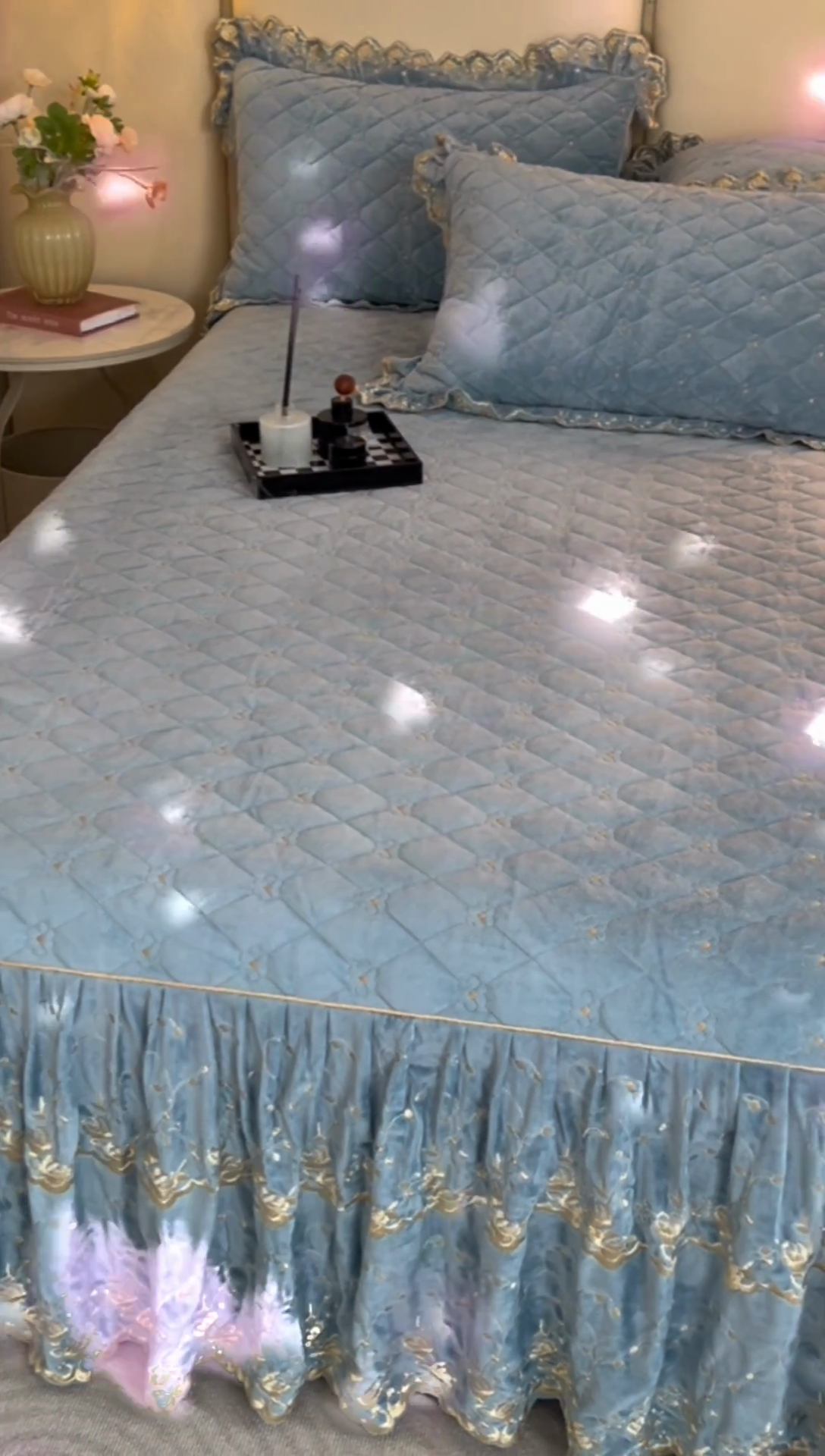 91家纺网 家纺一手货源 找家纺 罗艺轩 2024新款加厚宝宝绒夹棉床裙三件套-梦幻星辰 绅士蓝