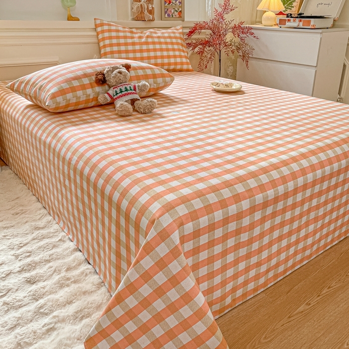 91家纺网 家纺一手货源 找家纺 义博家纺 2025新款全棉老粗布床单 粉咖大格