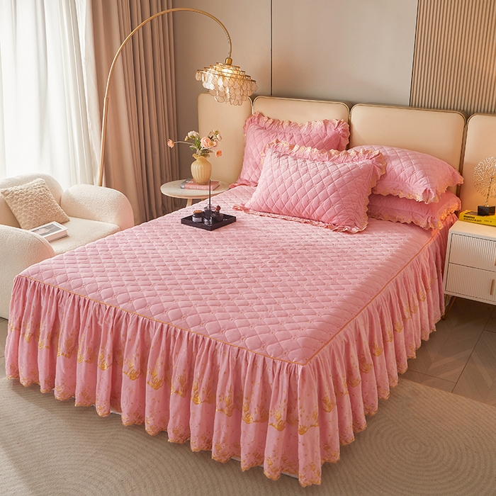 91家纺网 家纺一手货源 找家纺 罗艺轩 2024新款加厚宝宝绒夹棉床裙四件套-梦幻星辰 樱花粉