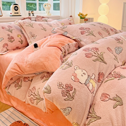 韩巢家纺 2024新款加厚雪花绒牛奶绒珊瑚绒单件被套-新品（提供卖家秀 ） 花园熊（粉）