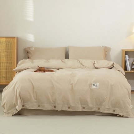 91家纺网 家纺一手货源 找家纺 （总）呦呦南宋 纽扣款四件套A类纯棉水洗棉色织无印风被套床单枕套纯色格子三件套母婴级全棉套件