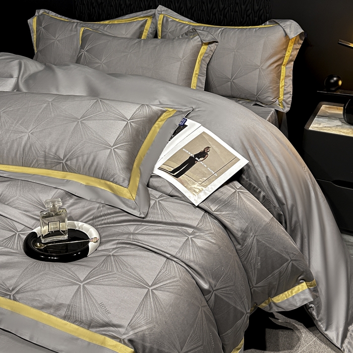 91家纺网 家纺一手货源 找家纺 雲归梦 2024新款轻奢双拼角全棉提花四件套 格拉斯-黎明灰