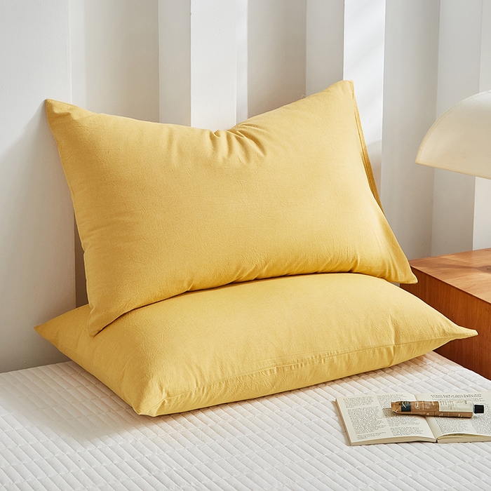 91家纺网 家纺一手货源 找家纺 呦呦南宋 纯棉简约款枕套 母婴级A类全棉色织水洗棉无印风单品一对装全棉枕头套 黄色（简约款）