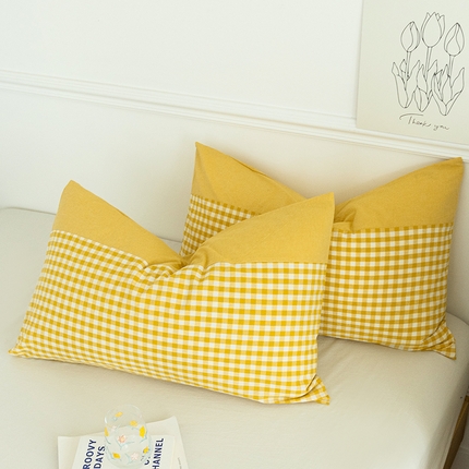 91家纺网 家纺一手货源 找家纺 呦呦南宋 双拼枕套A类纯棉 设计感撞色拼接单品一对装水洗棉枕头套 蕉黄