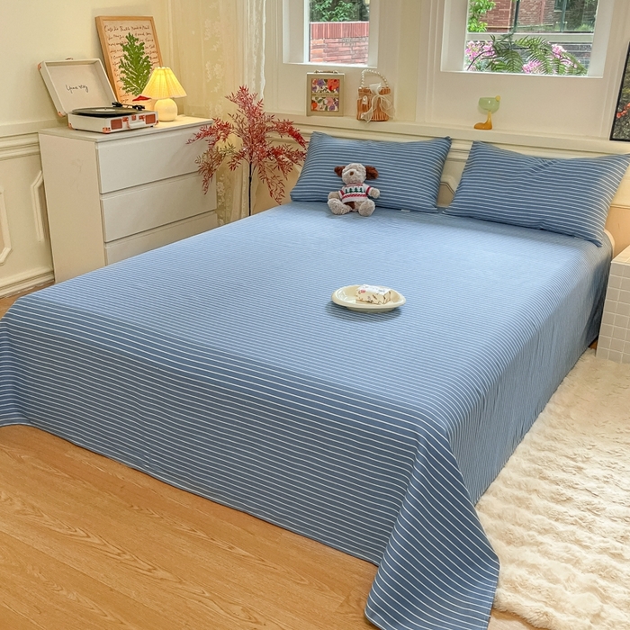 91家纺网 家纺一手货源 找家纺 义博家纺 2025新款全棉老粗布床单 蓝条纹