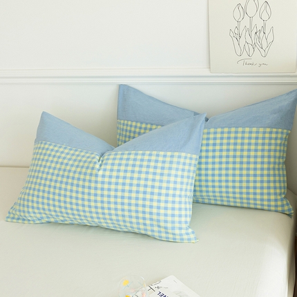 91家纺网 家纺一手货源 找家纺 呦呦南宋 双拼枕套A类纯棉 设计感撞色拼接单品一对装水洗棉枕头套 天空