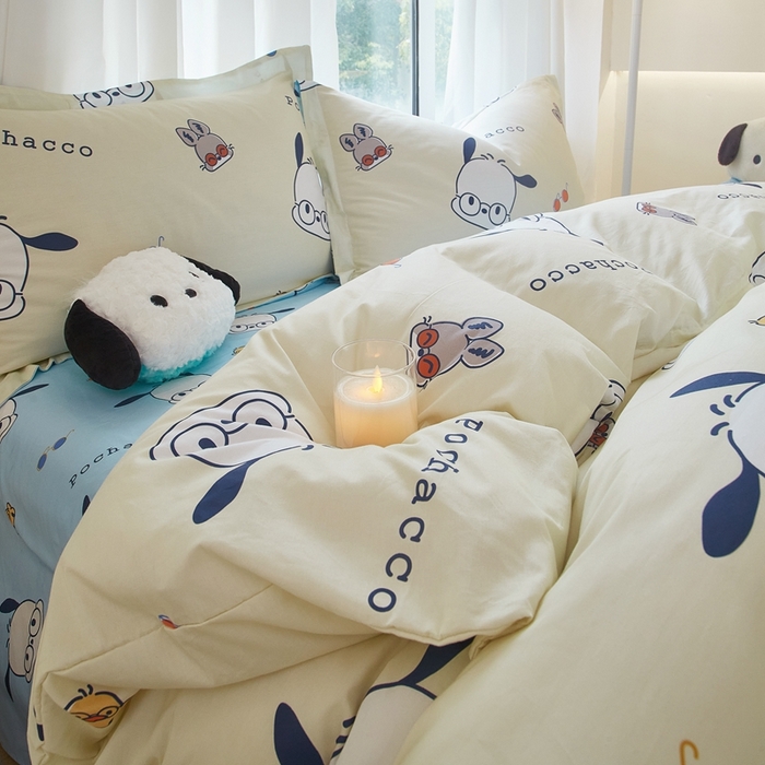 91家纺网 家纺一手货源 找家纺 蘭菲家纺 2024新款全棉小版卡通三丽鸥四件套 大眼睛狗.米