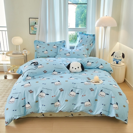 91家纺网 家纺一手货源 找家纺 蘭菲家纺 2024新款全棉小版卡通三丽鸥四件套 眼睛狗.蓝