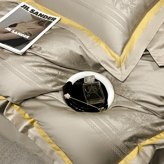 91家纺网 家纺一手货源 找家纺 雲归梦 2024新款轻奢双拼角全棉提花四件套 卡格洛-卡其