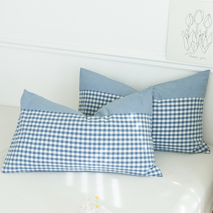 91家纺网 家纺一手货源 找家纺 呦呦南宋 双拼枕套A类纯棉 设计感撞色拼接单品一对装水洗棉枕头套 雾蓝