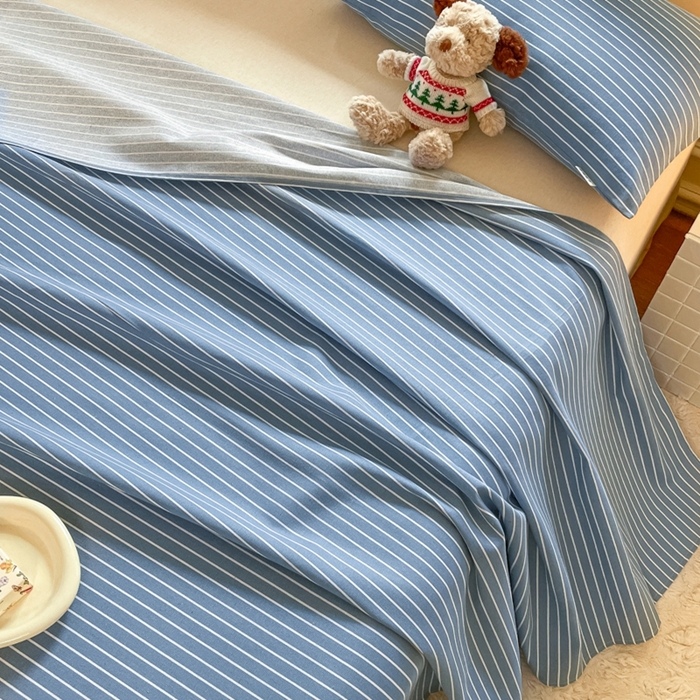 91家纺网 家纺一手货源 找家纺 义博家纺 2025新款全棉老粗布床单 蓝条纹
