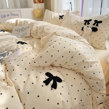 91家纺网 家纺一手货源 找家纺 （总）阿曼达 2024新款ins博主风爆款纯色波点蝴蝶结毛巾绣软糯糯水洗m四件套（专版花型）风格二