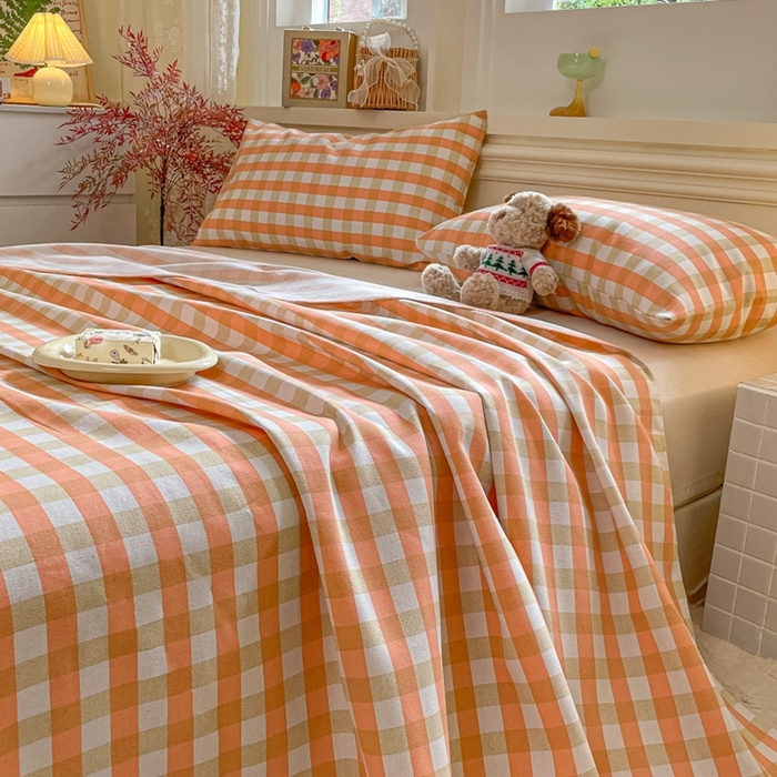 91家纺网 家纺一手货源 找家纺 义博家纺 2025新款全棉老粗布床单 粉咖大格