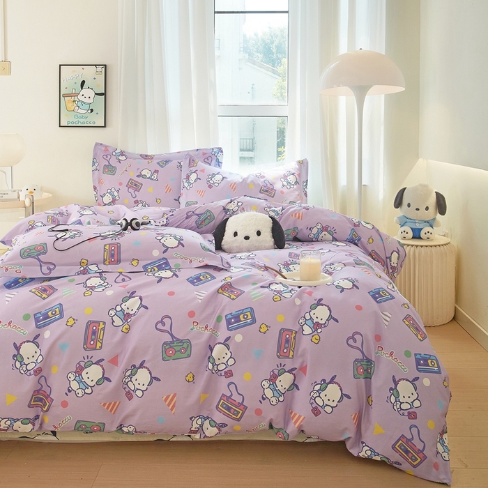 91家纺网 家纺一手货源 找家纺 蘭菲家纺 2024新款全棉小版卡通三丽鸥四件套 演唱会.紫