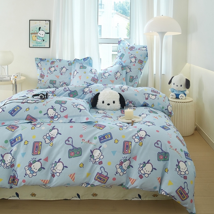 91家纺网 家纺一手货源 找家纺 蘭菲家纺 2024新款全棉小版卡通三丽鸥四件套 演唱会.蓝