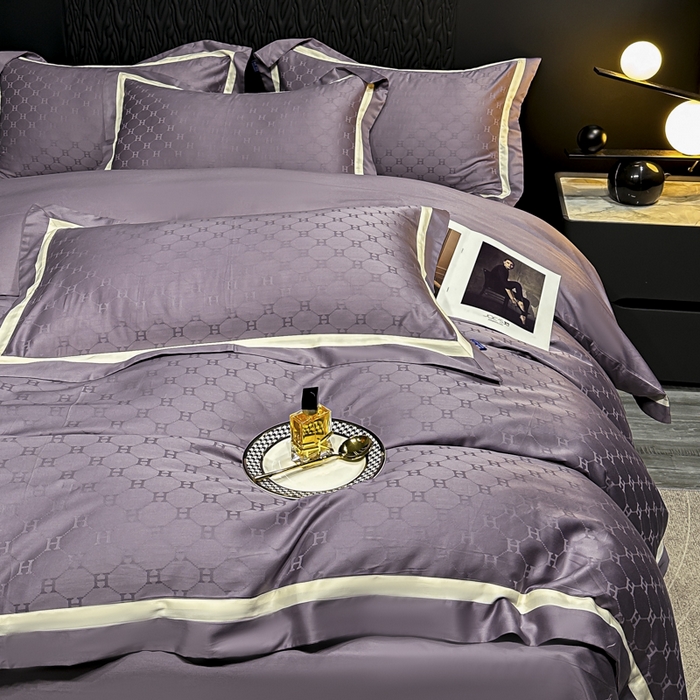 91家纺网 家纺一手货源 找家纺 雲归梦 2024新款轻奢双拼角全棉提花四件套 梵雅-葡萄紫