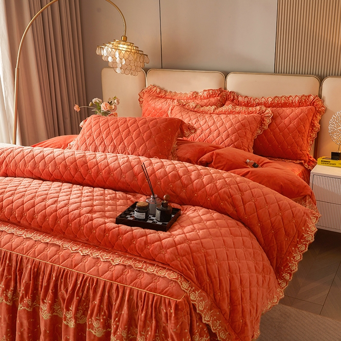 91家纺网 家纺一手货源 找家纺 罗艺轩 2024新款加厚宝宝绒夹棉床裙三件套-梦幻星辰 爱玛橙