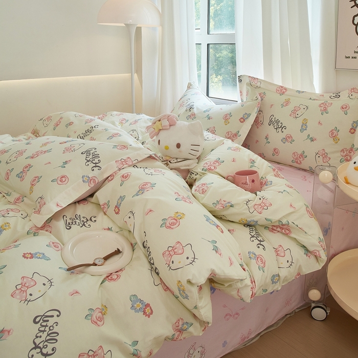 91家纺网 家纺一手货源 找家纺 蘭菲家纺 2024新款全棉小版卡通三丽鸥四件套 蜜蜜花园