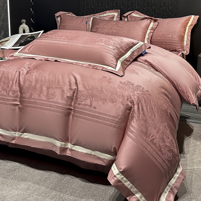 91家纺网 家纺一手货源 找家纺 雲归梦 2024新款轻奢双拼角全棉提花四件套 卡格洛-皮粉