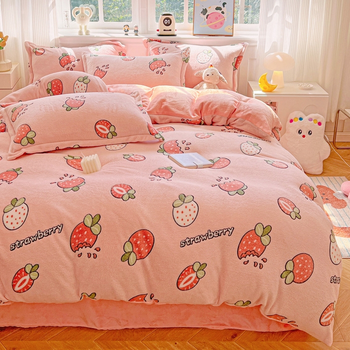 91家纺网 家纺一手货源 找家纺 韩巢家纺 2024新款加厚雪花绒牛奶绒珊瑚绒四件套-新品（提供卖家秀） 奶油草莓