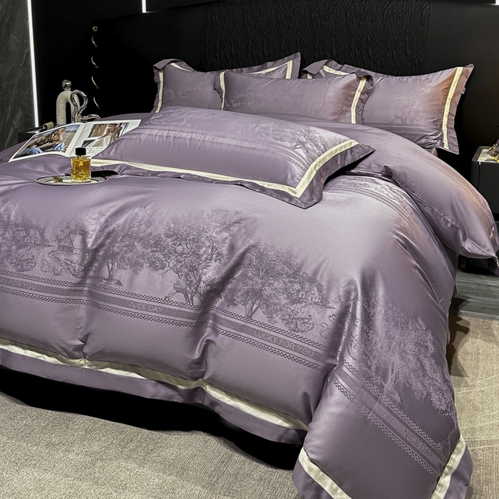 91家纺网 家纺一手货源 找家纺 雲归梦 2024新款轻奢双拼角全棉提花四件套 卡格洛-紫色