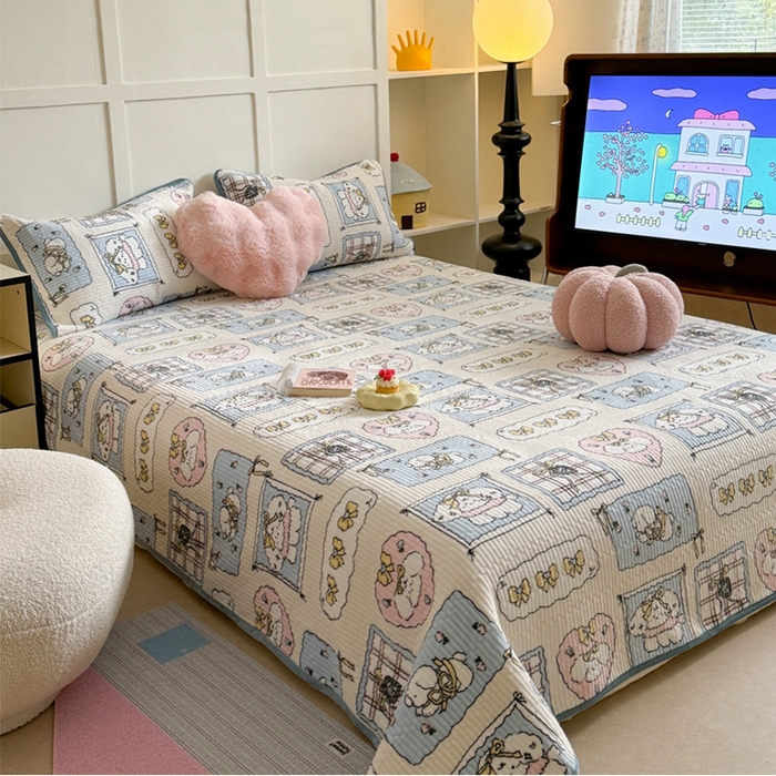91家纺网 家纺一手货源 找家纺 萝莉家纺 2024爆款印花牛奶绒夹棉绗缝床盖三件套 小可爱蓝