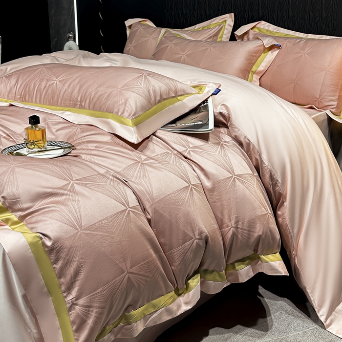 91家纺网 家纺一手货源 找家纺 雲归梦 2024新款轻奢双拼角全棉提花四件套 格拉斯-粉玉