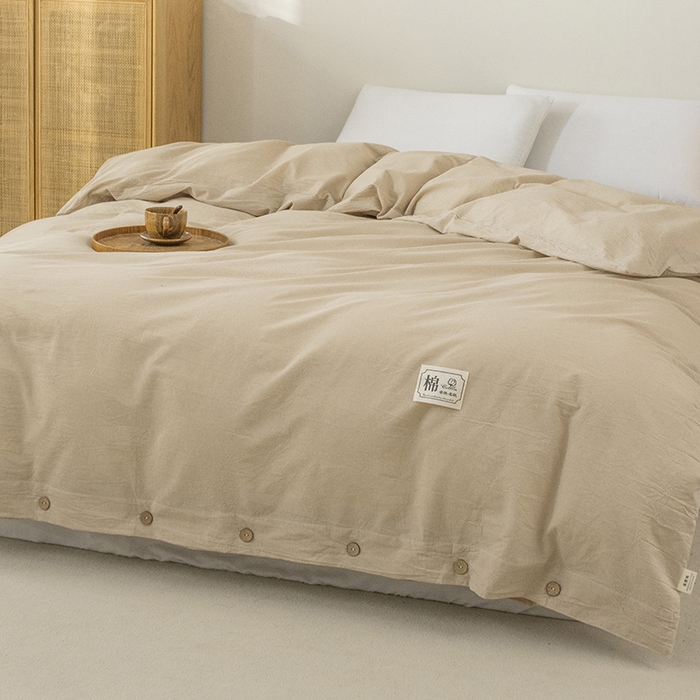 91家纺网 家纺一手货源 找家纺 呦呦南宋 纽扣款单被套A类纯棉  母婴级色织水洗棉 单件纯色被罩 无印风全棉单品被套 咖色