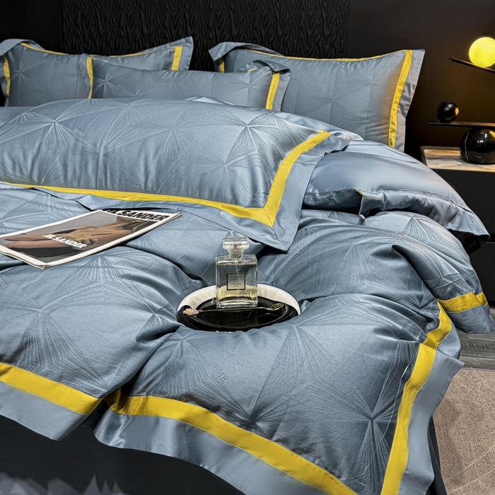 91家纺网 家纺一手货源 找家纺 雲归梦 2024新款轻奢双拼角全棉提花四件套 格拉斯-月光兰