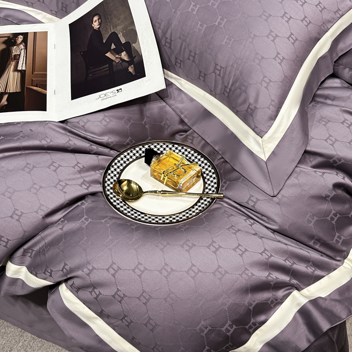 91家纺网 家纺一手货源 找家纺 雲归梦 2024新款轻奢双拼角全棉提花四件套 梵雅-葡萄紫