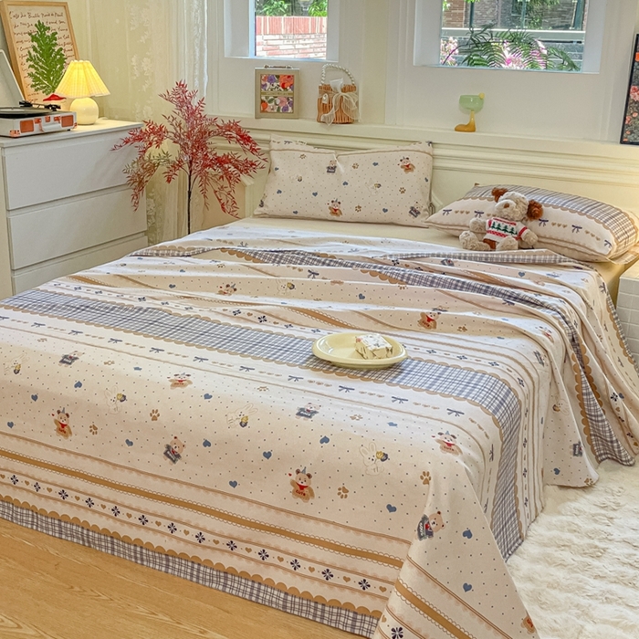 91家纺网 家纺一手货源 找家纺 义博家纺 2025新款全棉老粗布床单 幻想小熊