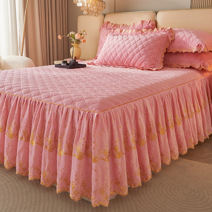 91家纺网 家纺一手货源 找家纺 罗艺轩 2024新款加厚宝宝绒夹棉床裙三件套-梦幻星辰 樱花粉