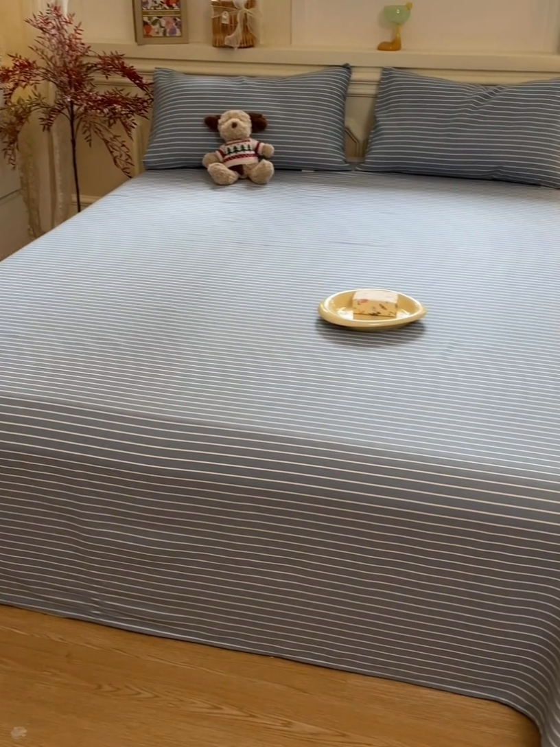 91家纺网 家纺一手货源 找家纺 义博家纺 2025新款全棉老粗布床单 蓝条纹