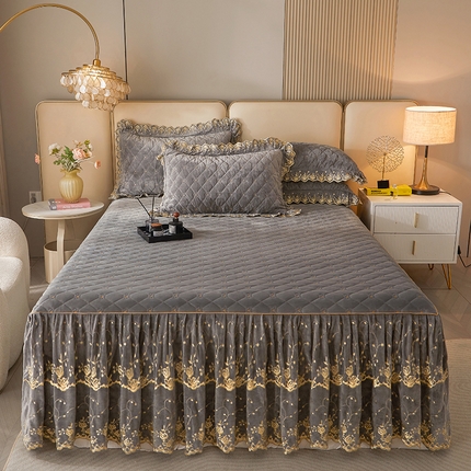 罗艺轩 2024新款加厚宝宝绒夹棉床裙三件套-梦幻星辰 高级灰