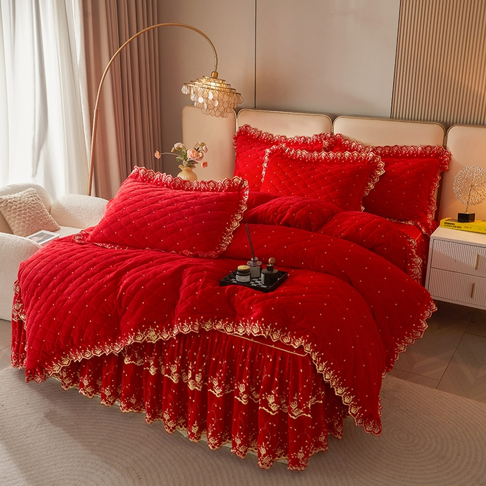 91家纺网 家纺一手货源 找家纺 罗艺轩 2024新款加厚宝宝绒夹棉床裙三件套-梦幻星辰 喜庆红