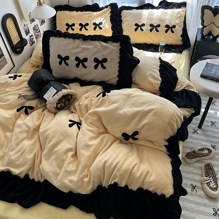 91家纺网 家纺一手货源 找家纺 （总）原素 2024法式复古黑花边牛奶绒四件套