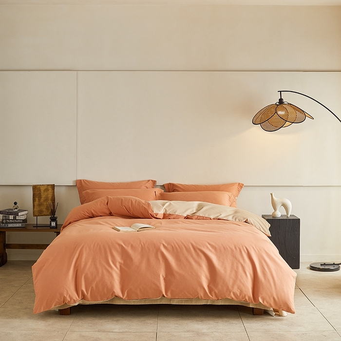 91家纺网 家纺一手货源 找家纺 秀色家纺 2025新款秋冬加厚保暖床上纯色四件套纯棉磨毛全棉床单被套三件套50支-瑞妮 瑞妮-桔红+奶油