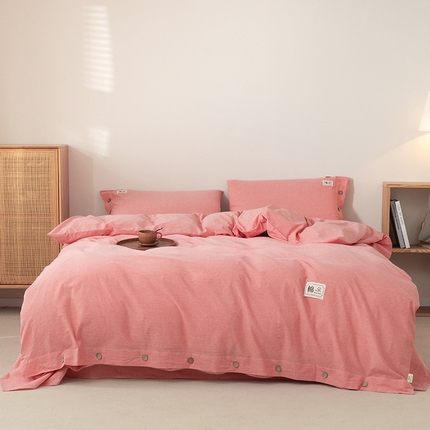 91家纺网 家纺一手货源 找家纺 （总）呦呦南宋 纽扣款四件套A类纯棉水洗棉色织无印风被套床单枕套纯色格子三件套母婴级全棉套件