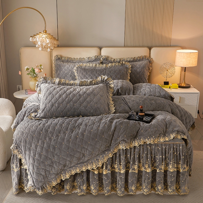 91家纺网 家纺一手货源 找家纺 罗艺轩 2024新款加厚宝宝绒夹棉床裙四件套-梦幻星辰 高级灰