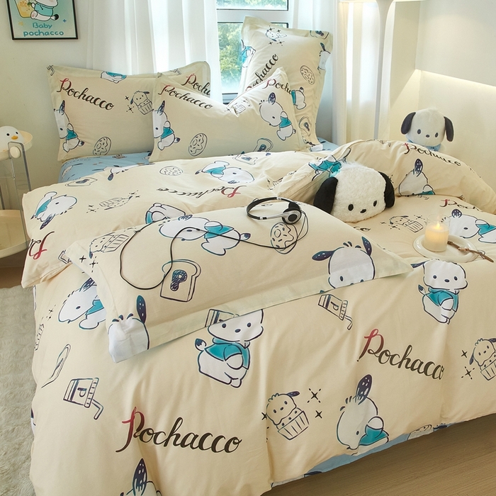 91家纺网 家纺一手货源 找家纺 蘭菲家纺 2024新款全棉小版卡通三丽鸥四件套 俏皮狗