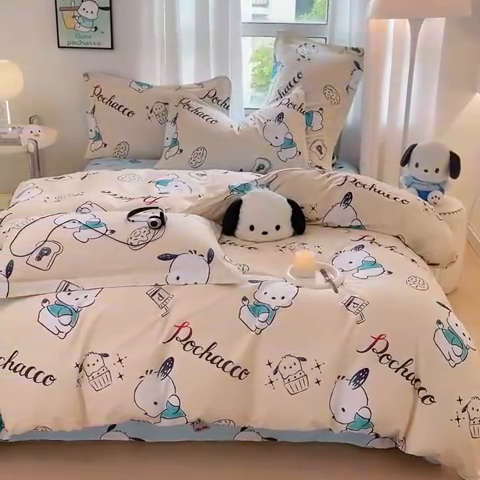 91家纺网 家纺一手货源 找家纺 蘭菲家纺 2024新款全棉小版卡通三丽鸥四件套 俏皮狗