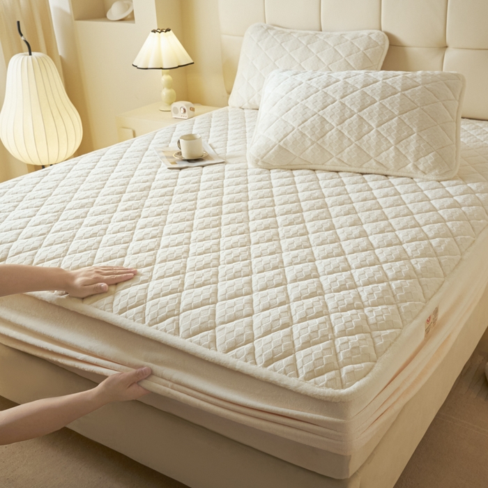 91家纺网 家纺一手货源 找家纺 鑫钰 2024秋冬新款加厚牛奶绒烂花夹棉床笠 菱形格-雅白