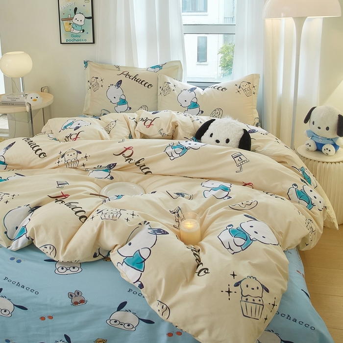 91家纺网 家纺一手货源 找家纺 蘭菲家纺 2024新款全棉小版卡通三丽鸥四件套 俏皮狗