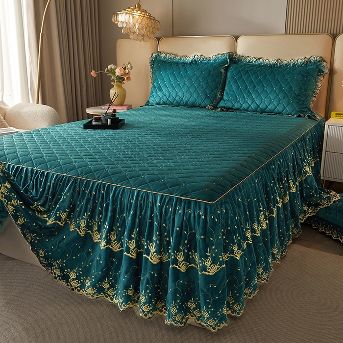 91家纺网 家纺一手货源 找家纺 罗艺轩 2024新款加厚宝宝绒夹棉床裙四件套-梦幻星辰 橄榄绿