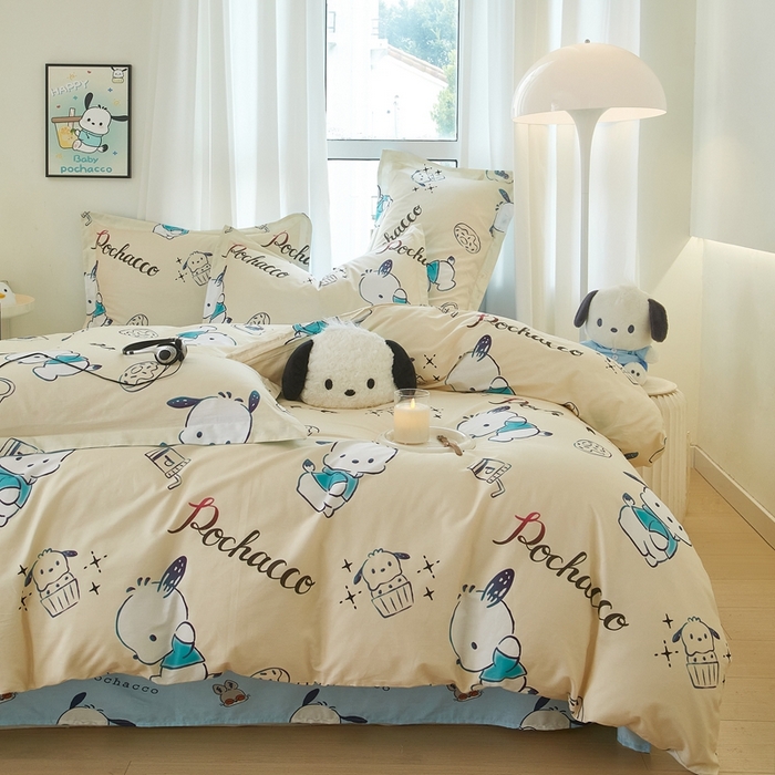 91家纺网 家纺一手货源 找家纺 蘭菲家纺 2024新款全棉小版卡通三丽鸥四件套 俏皮狗