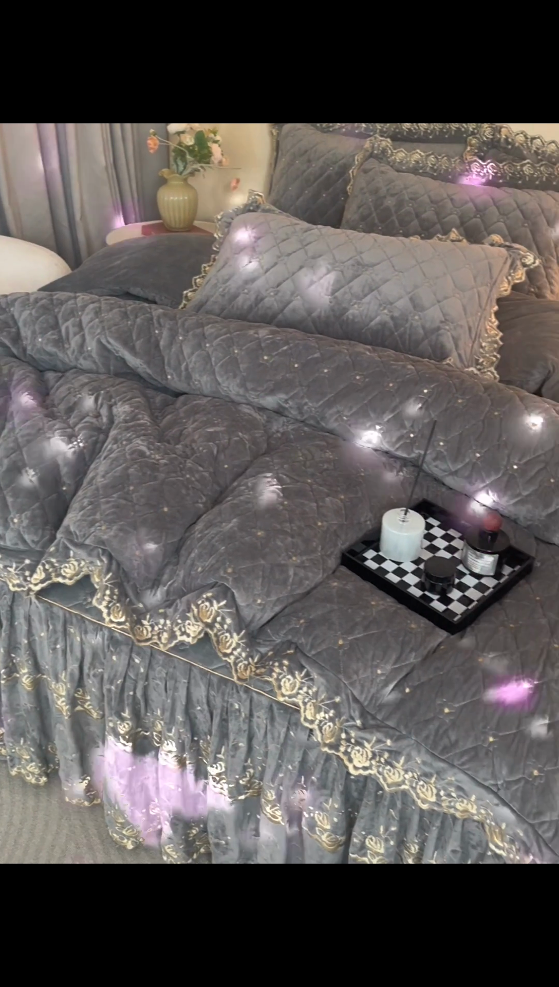 91家纺网 家纺一手货源 找家纺 罗艺轩 2024新款加厚宝宝绒夹棉床裙四件套-梦幻星辰 高级灰