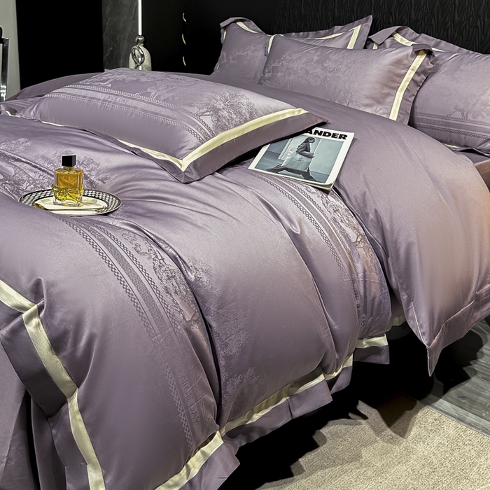 91家纺网 家纺一手货源 找家纺 雲归梦 2024新款轻奢双拼角全棉提花四件套 卡格洛-紫色